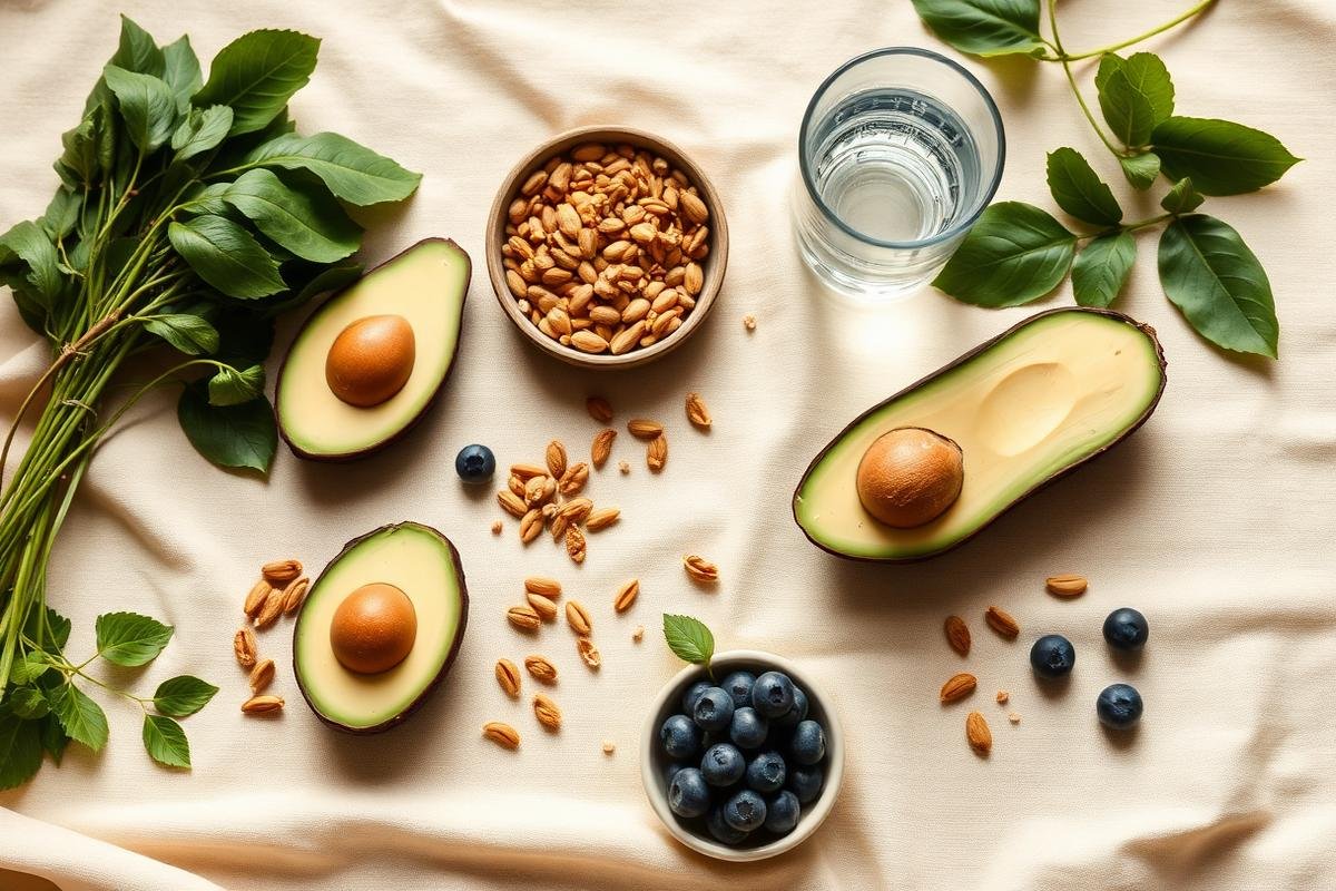 Alimentos naturais: folhas verdes, abacate, castanhas, sementes e água